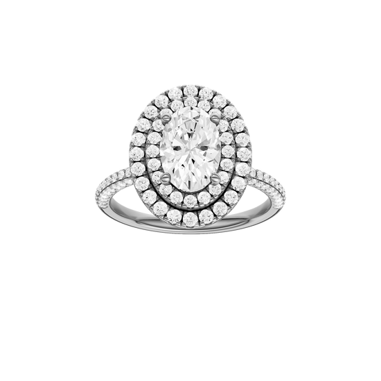 A front view of the Oval cut diamond engagement ring in platinum with a pavé diamond band and solitaire setting