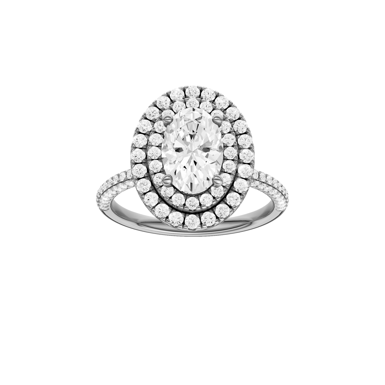 A front view of the Oval cut diamond engagement ring in platinum with a pavé diamond band and solitaire setting