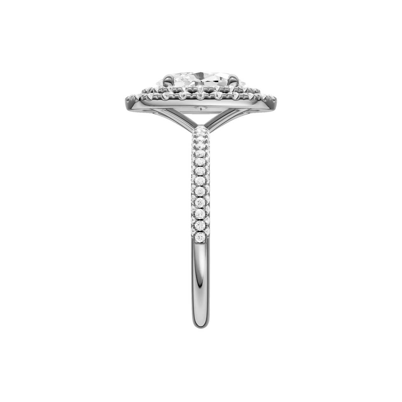 A side view of the Oval cut diamond engagement ring in 14k white gold with a pavé diamond band and solitaire setting