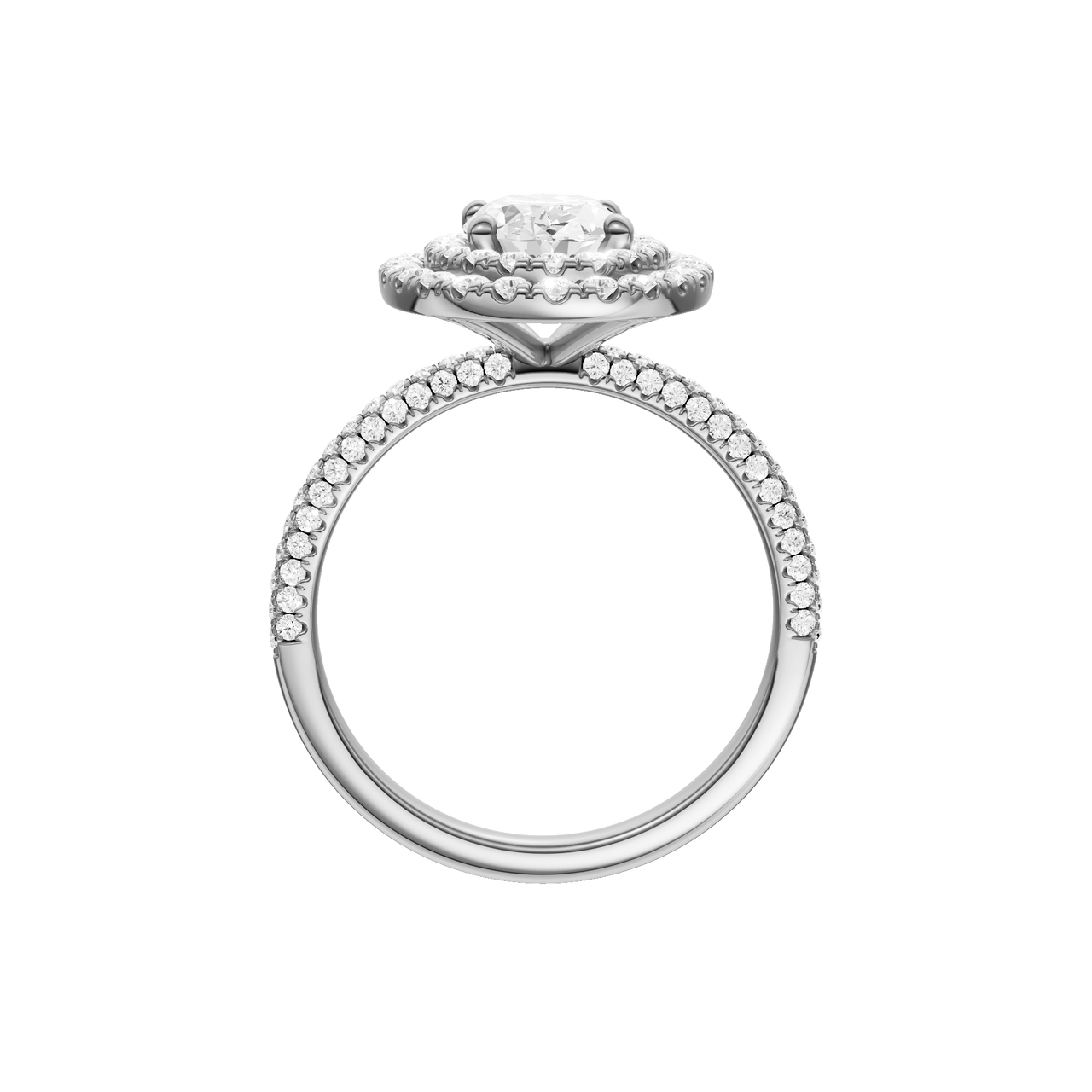 A profile view of the Oval cut diamond engagement ring in 14k white gold with a pavé diamond band and solitaire setting