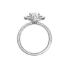 A profile view of the Oval cut diamond engagement ring in platinum with a pavé diamond band and solitaire setting