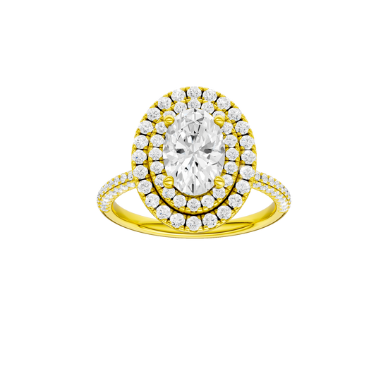 A front view of the Oval cut diamond engagement ring in 14k yellow gold with a pavé diamond band and solitaire setting