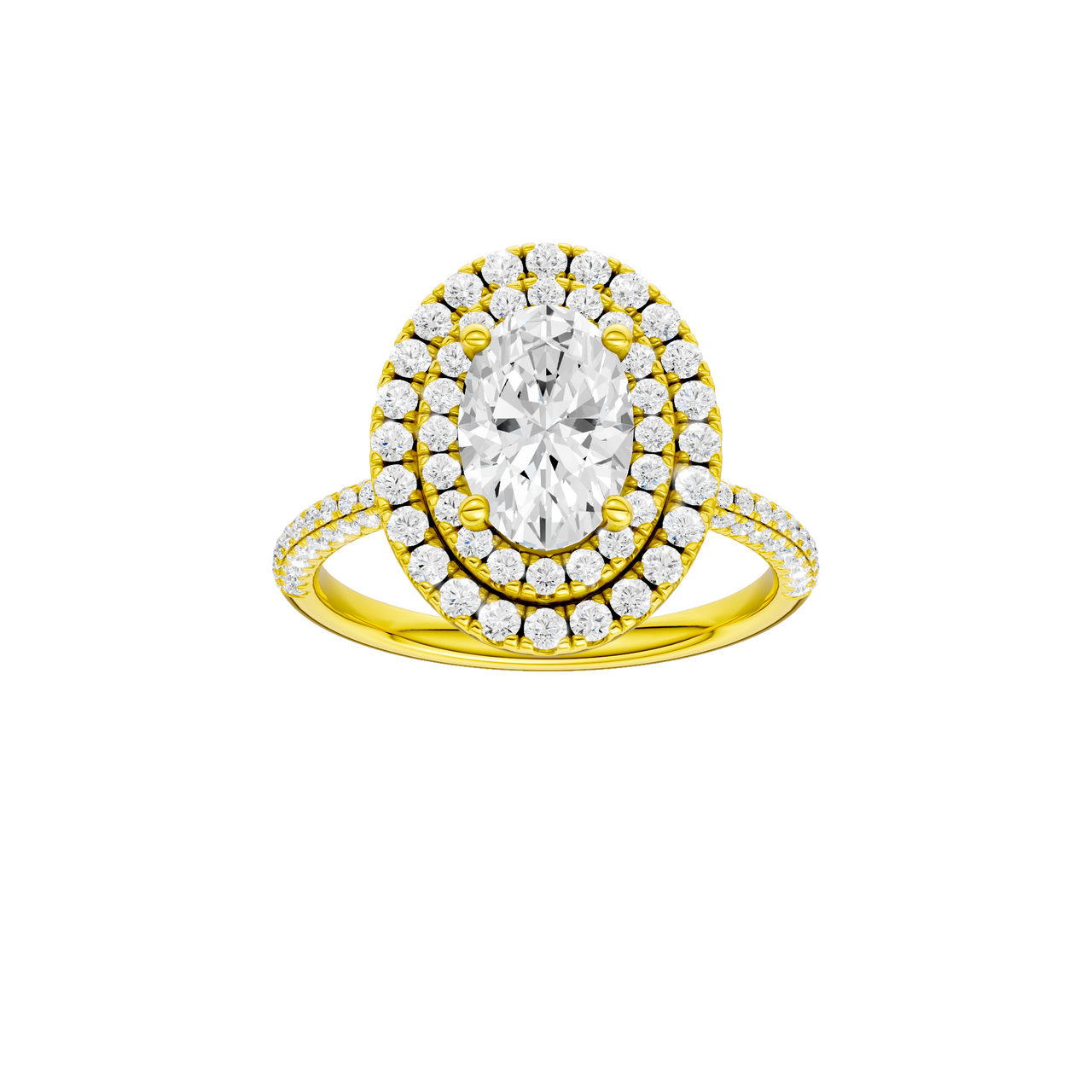 A front view of the Oval cut diamond engagement ring in 14k yellow gold with a pavé diamond band and solitaire setting