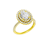 A three-quarter view of the Oval cut diamond engagement ring in 14k yellow gold with a pavé diamond band and solitaire setting