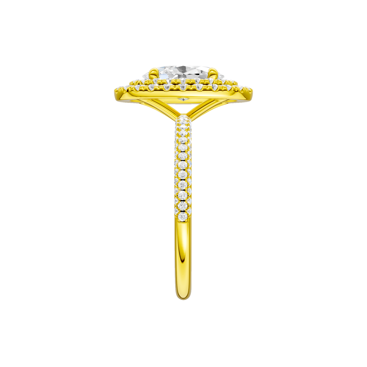 A side view of the Oval cut diamond engagement ring in 14k yellow gold with a pavé diamond band and solitaire setting