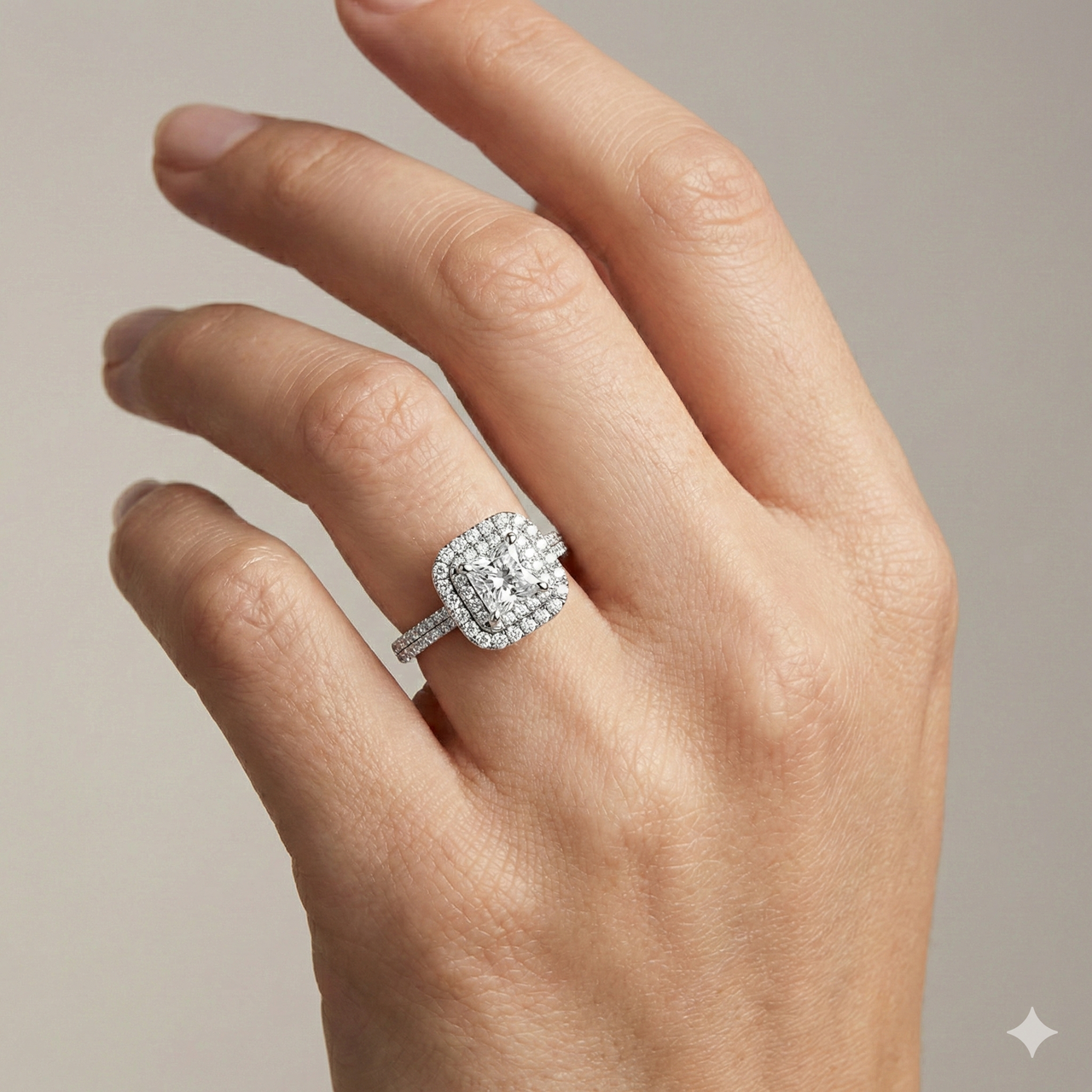 Princess cut diamond engagement ring in 14k white gold with a pavé diamond band and solitaire setting on a hand