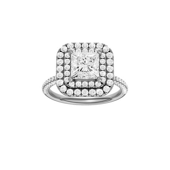A front view of the Princess cut diamond engagement ring in platinum with a pavé diamond band and solitaire setting