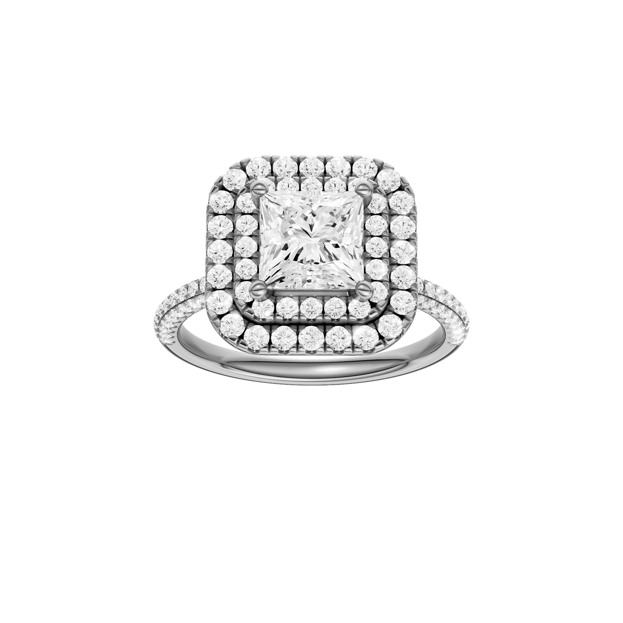 A front view of the Princess cut diamond engagement ring in platinum with a pavé diamond band and solitaire setting