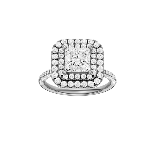 A front view of the Princess cut diamond engagement ring in 14k white gold with a pavé diamond band and solitaire setting
