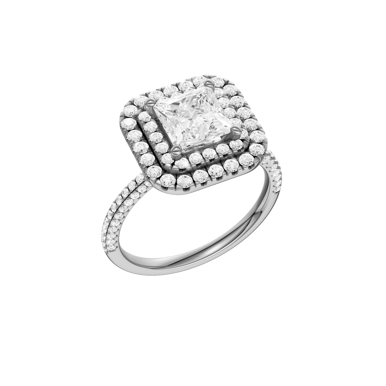 A three-quarter view of the Princess cut diamond engagement ring in platinum with a pavé diamond band and solitaire setting