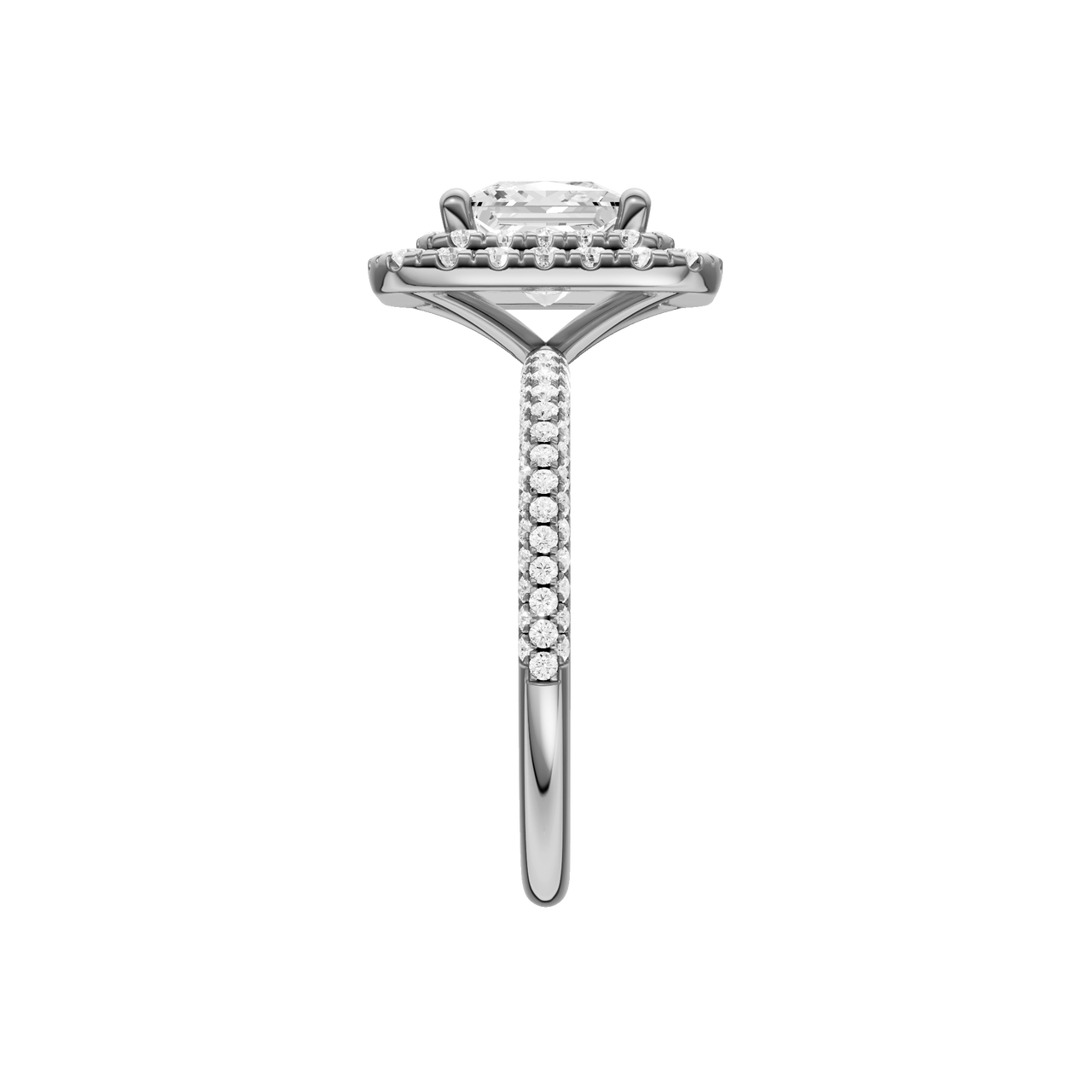 A side view of the Princess cut diamond engagement ring in platinum with a pavé diamond band and solitaire setting