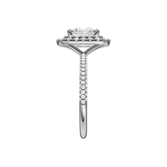 A side view of the Princess cut diamond engagement ring in 14k white gold with a pavé diamond band and solitaire setting