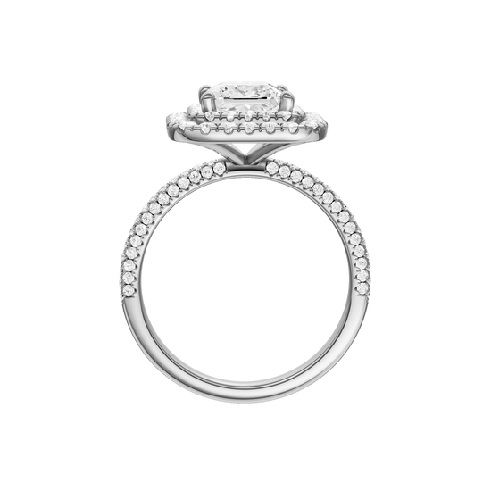 A profile view of the Princess cut diamond engagement ring in 14k white gold with a pavé diamond band and solitaire setting