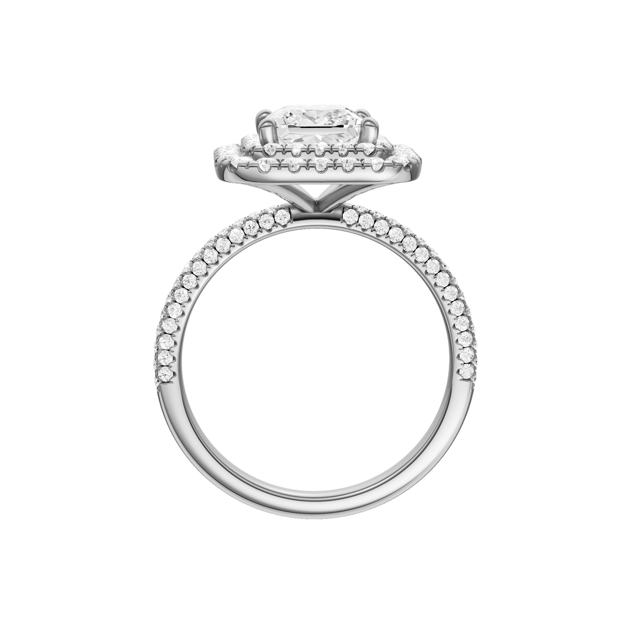 A profile view of the Princess cut diamond engagement ring in platinum with a pavé diamond band and solitaire setting