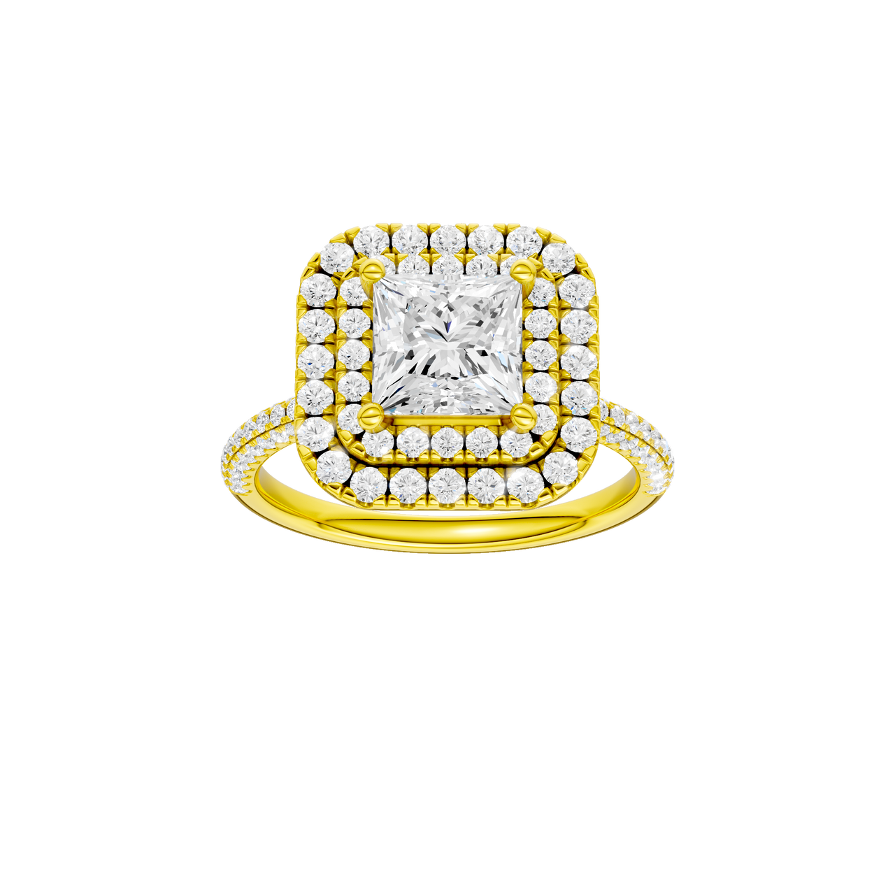 A front view of the Princess cut diamond engagement ring in 14k yellow gold with a pavé diamond band and solitaire setting