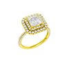 A three-quarter view of the Princess cut diamond engagement ring in 14k yellow gold with a pavé diamond band and solitaire setting