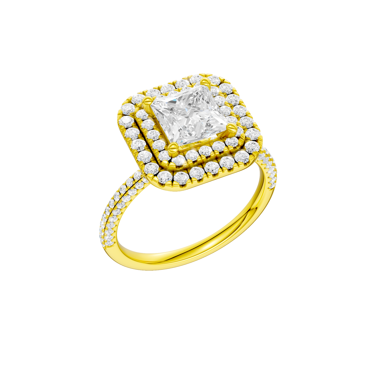 A three-quarter view of the Princess cut diamond engagement ring in 14k yellow gold with a pavé diamond band and solitaire setting