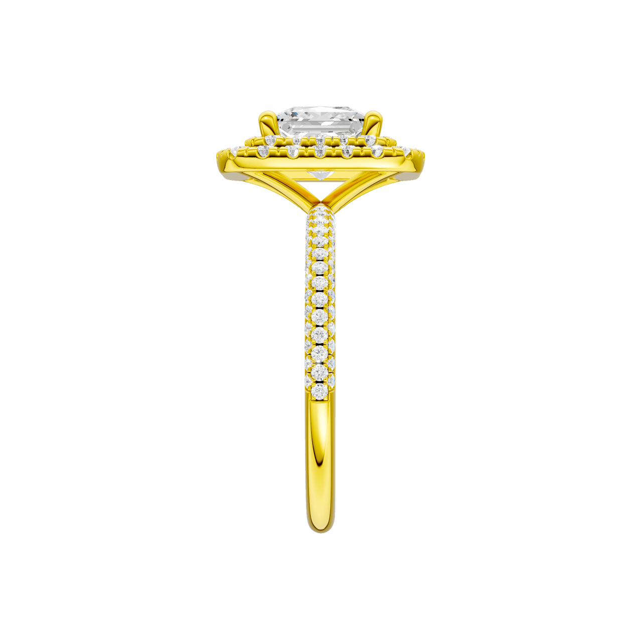 A side view of the Princess cut diamond engagement ring in 14k yellow gold with a pavé diamond band and solitaire setting