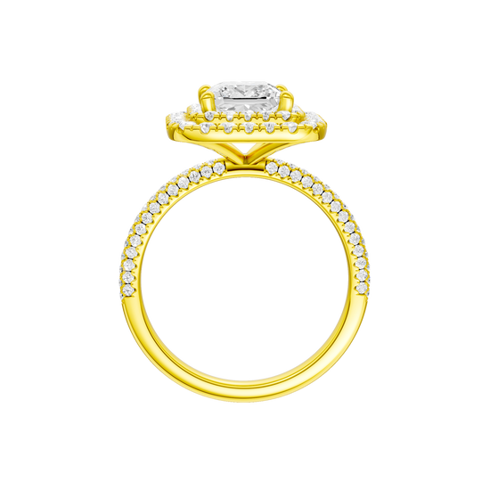 A profile view of the Princess cut diamond engagement ring in 14k yellow gold with a pavé diamond band and solitaire setting