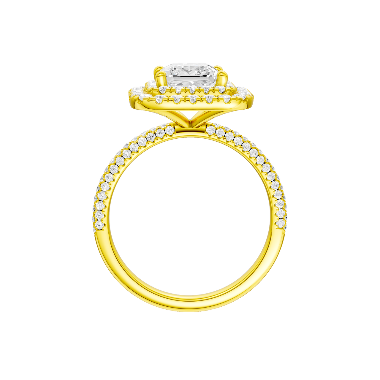 A profile view of the Princess cut diamond engagement ring in 14k yellow gold with a pavé diamond band and solitaire setting
