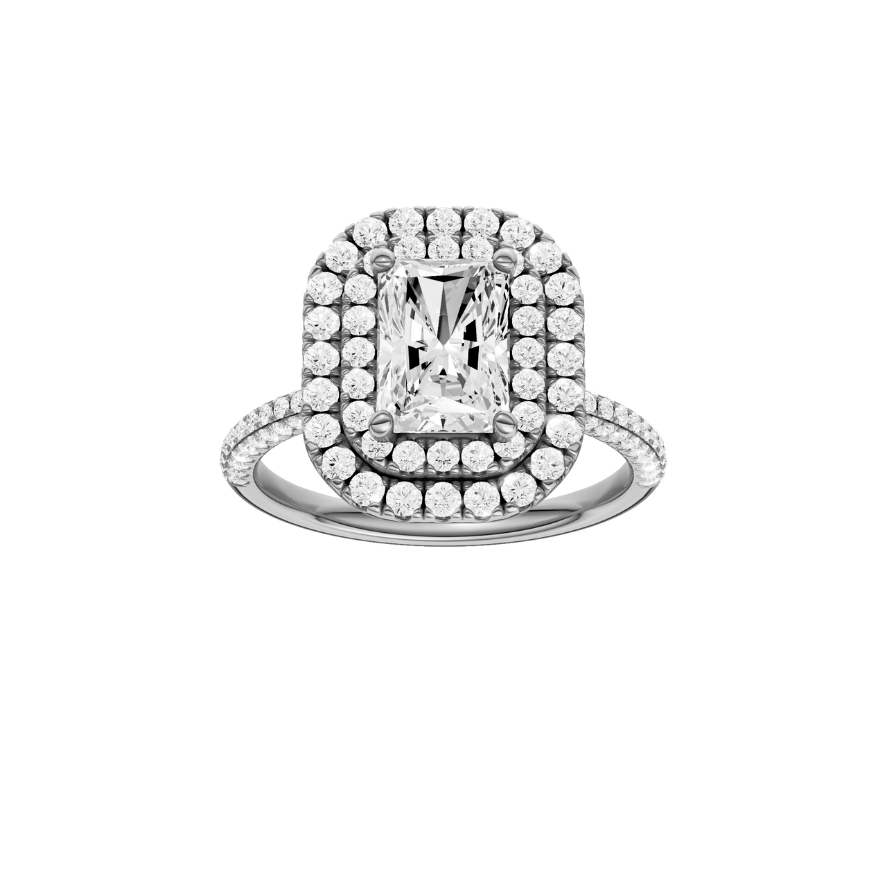 A front view of the Radiant cut diamond engagement ring in 14k white gold with a pavé diamond band and solitaire setting