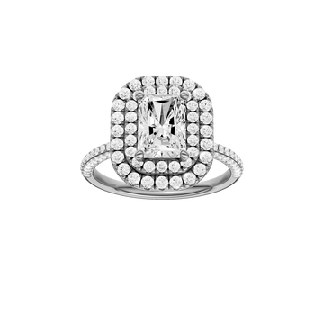 A front view of the Radiant cut diamond engagement ring in 14k white gold with a pavé diamond band and solitaire setting