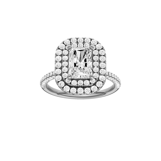 A front view of the Radiant cut diamond engagement ring in 14k white gold with a pavé diamond band and solitaire setting