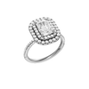 A three-quarter view of the Radiant cut diamond engagement ring in 14k white gold with a pavé diamond band and solitaire setting