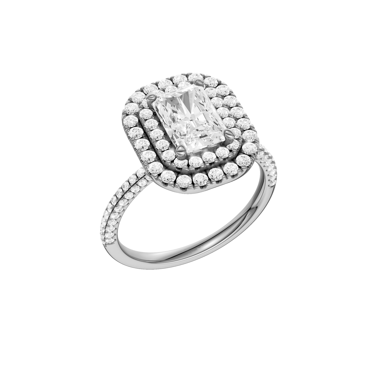 A three-quarter view of the Radiant cut diamond engagement ring in 14k white gold with a pavé diamond band and solitaire setting