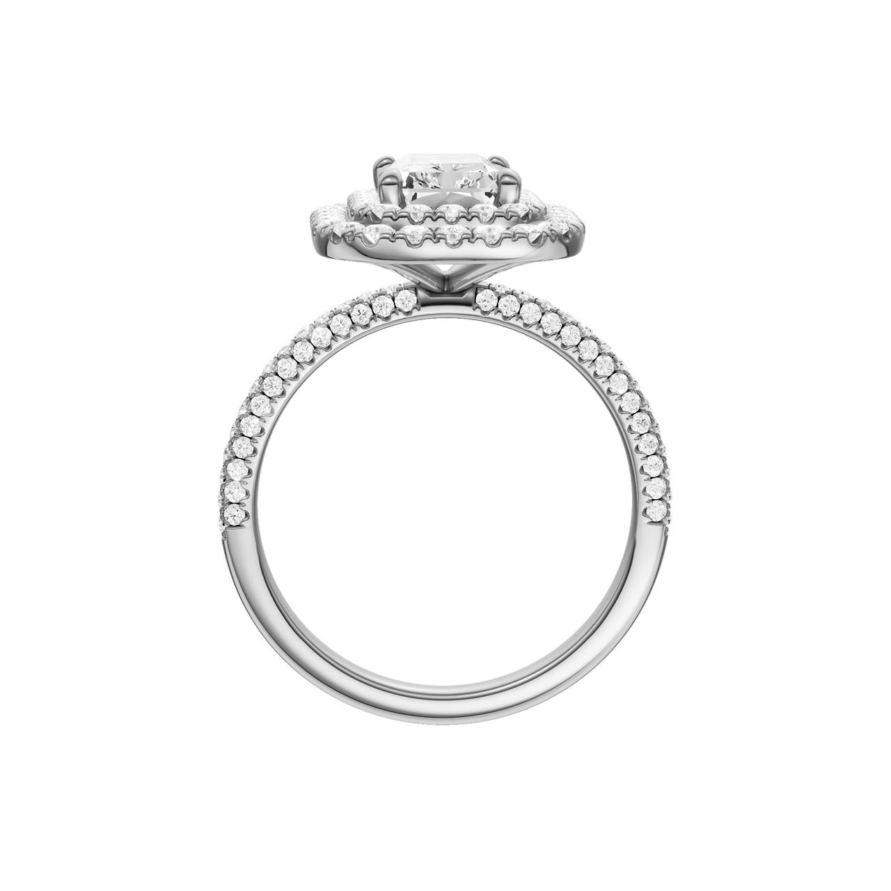 A profile view of the Radiant cut diamond engagement ring in 14k white gold with a pavé diamond band and solitaire setting