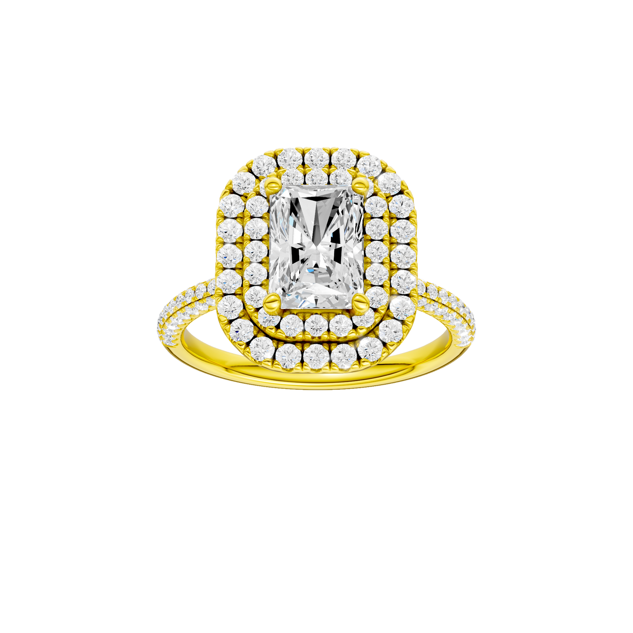 A front view of the Radiant cut diamond engagement ring in 14k yellow gold with a pavé diamond band and solitaire setting