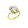 A three-quarter view of the Radiant cut diamond engagement ring in 14k yellow gold with a pavé diamond band and solitaire setting