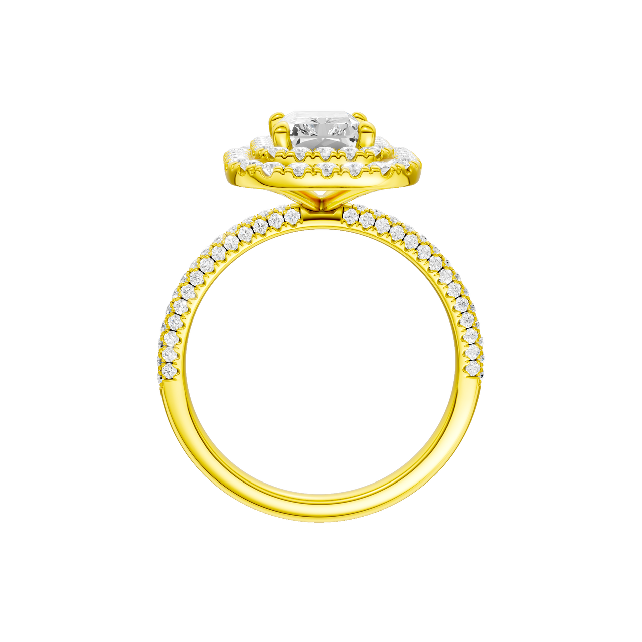 A profile view of the Radiant cut diamond engagement ring in 14k yellow gold with a pavé diamond band and solitaire setting