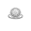 A front view of the Round cut diamond engagement ring in 14k white gold with a pavé diamond band and solitaire setting