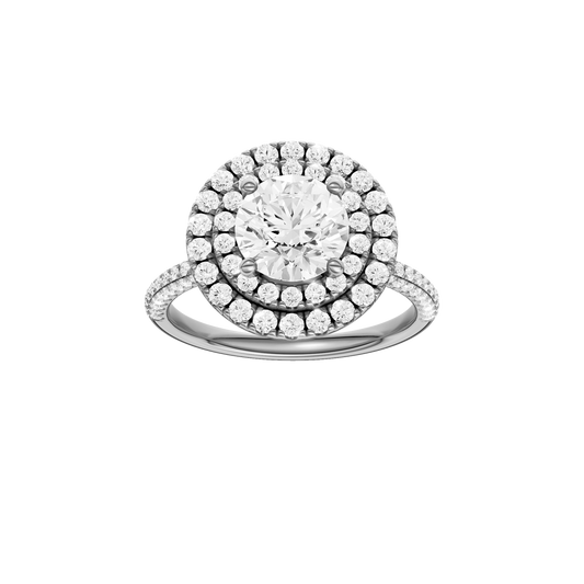 A front view of the Round cut diamond engagement ring in 14k white gold with a pavé diamond band and solitaire setting
