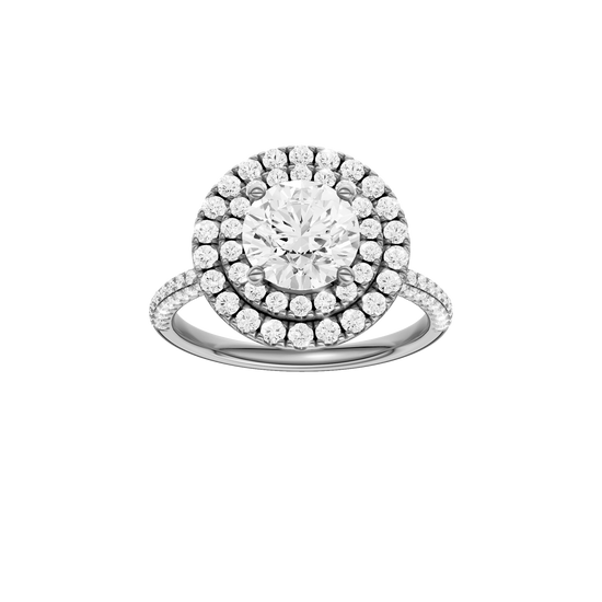 A front view of the Round cut diamond engagement ring in platinum with a pavé diamond band and solitaire setting