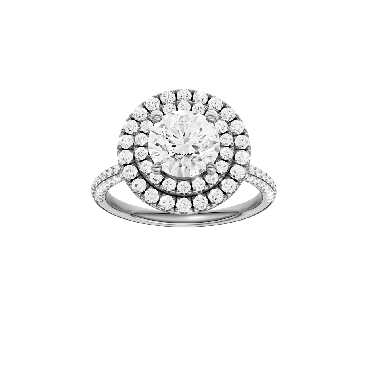A front view of the Round cut diamond engagement ring in platinum with a pavé diamond band and solitaire setting