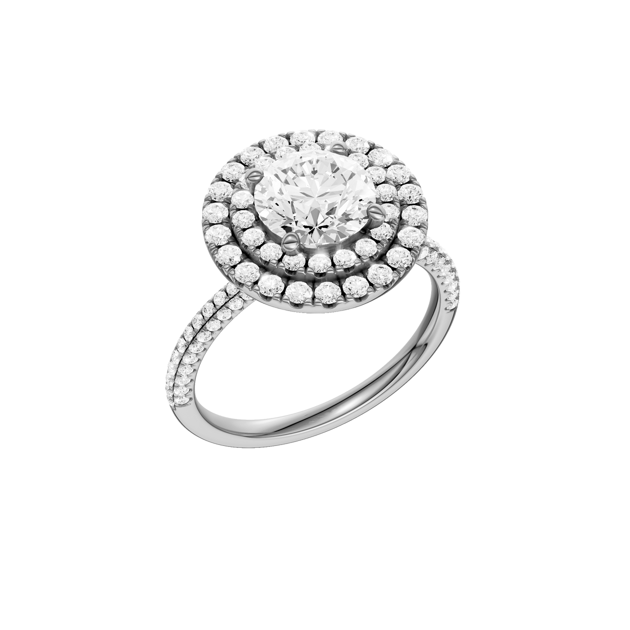 A three-quarter view of the Round cut diamond engagement ring in 14k white gold with a pavé diamond band and solitaire setting