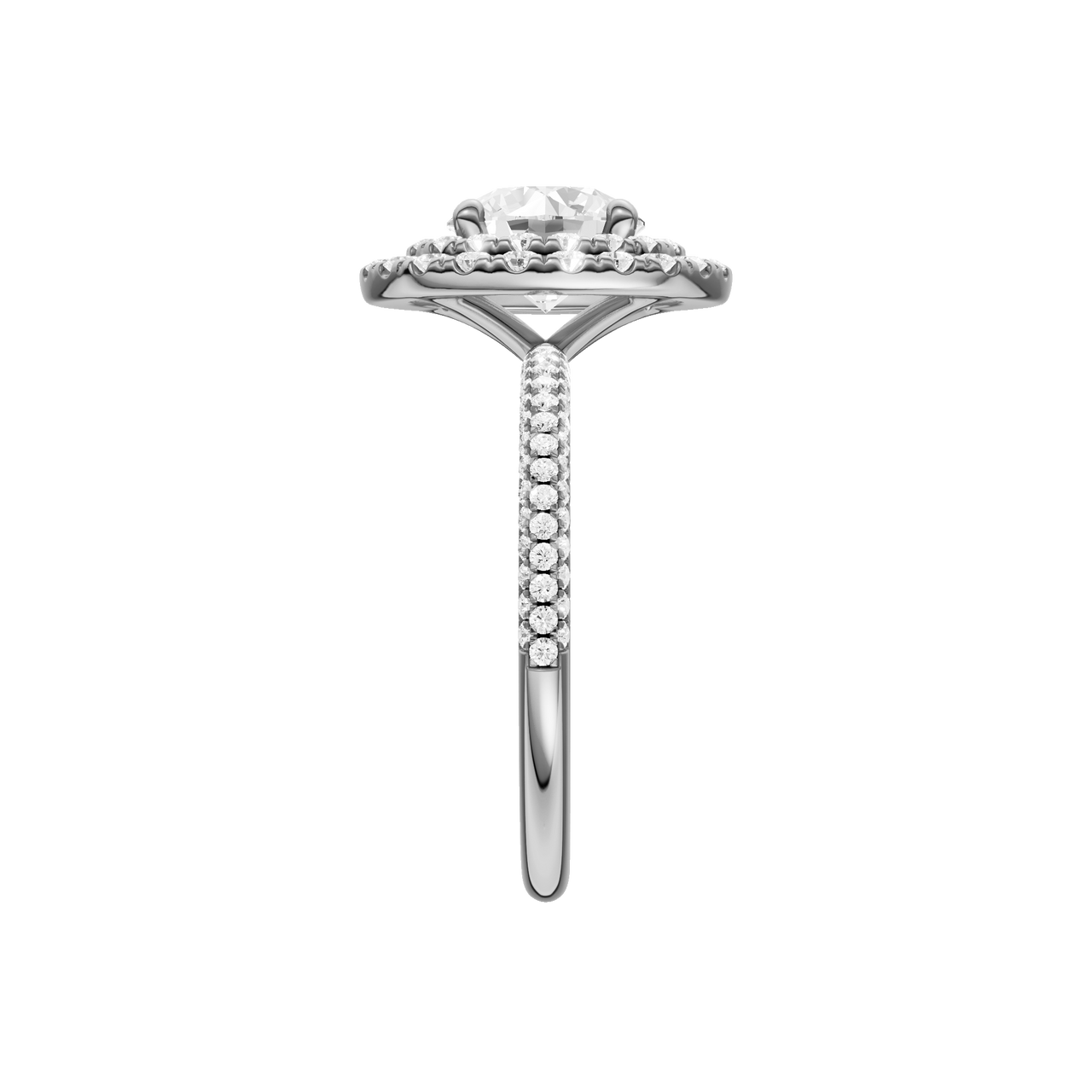 A side view of the Round cut diamond engagement ring in platinum with a pavé diamond band and solitaire setting