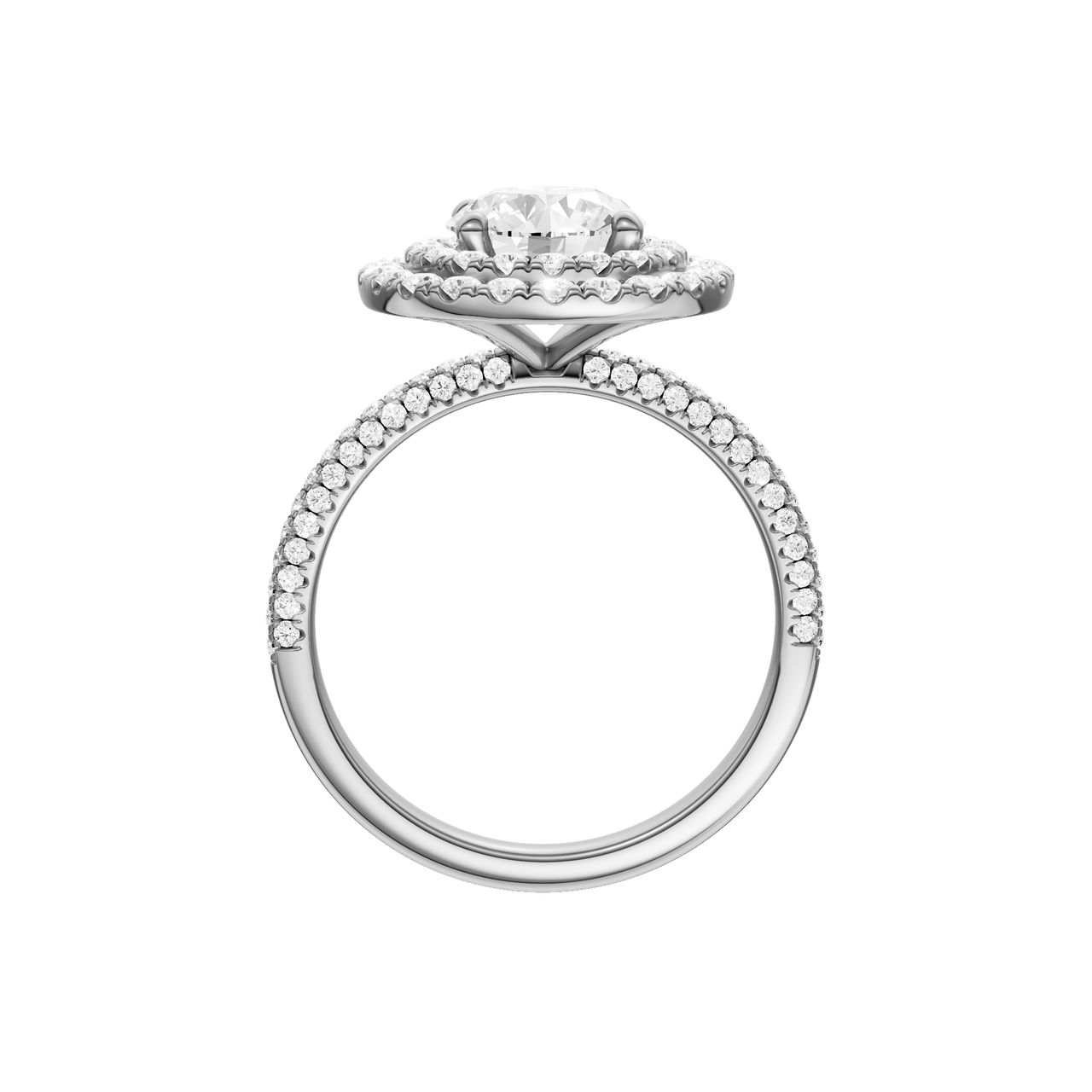 A profile view of the Round cut diamond engagement ring in 14k white gold with a pavé diamond band and solitaire setting