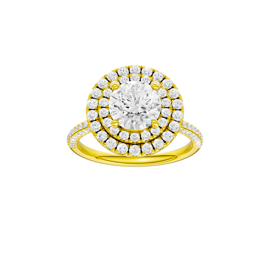 A front view of the Round cut diamond engagement ring in 14k yellow gold with a pavé diamond band and solitaire setting