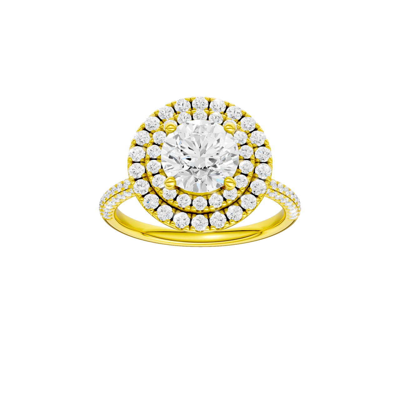 A front view of the Round cut diamond engagement ring in 14k yellow gold with a pavé diamond band and solitaire setting