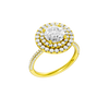 A three-quarter view of the Round cut diamond engagement ring in 14k yellow gold with a pavé diamond band and solitaire setting