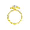 A profile view of the Round cut diamond engagement ring in 14k yellow gold with a pavé diamond band and solitaire setting