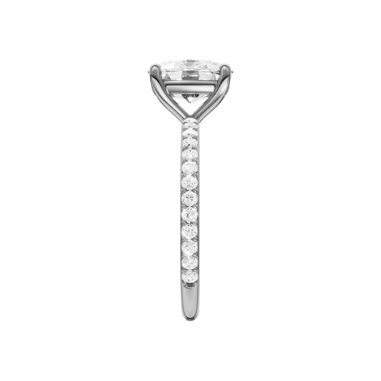 A side view of the Elongated cushion cut diamond engagement ring in 14k white gold with a prong diamond band and cathedral setting