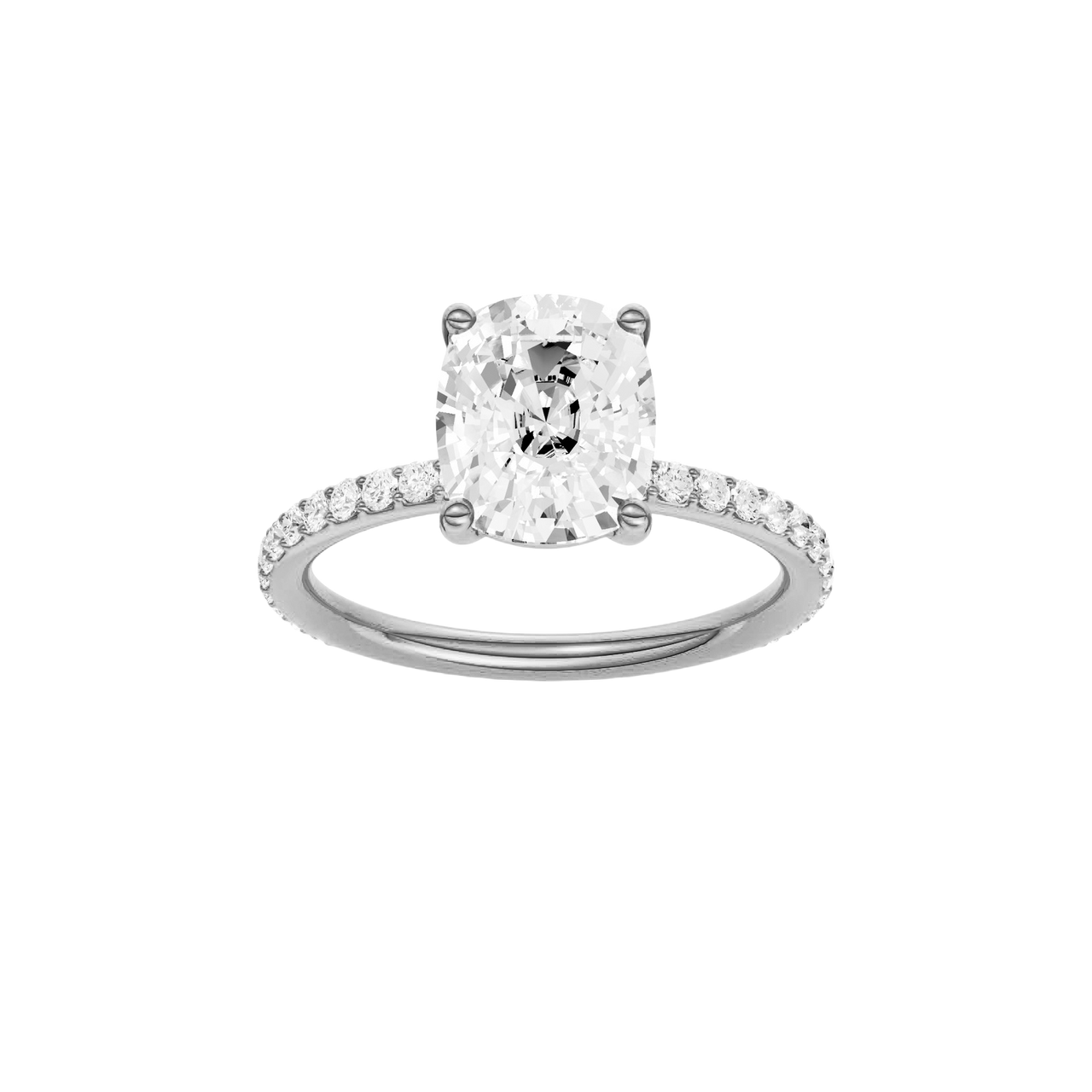 A front view of the Elongated cushion cut diamond engagement ring in 14k white gold with a prong diamond band and cathedral setting