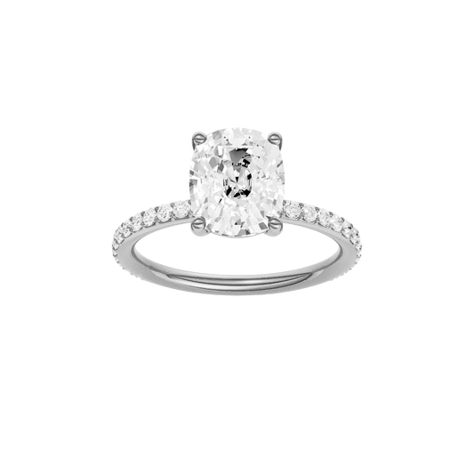 A front view of the Elongated cushion cut diamond engagement ring in 14k white gold with a prong diamond band and cathedral setting