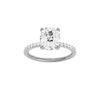A front view of the Elongated cushion cut diamond engagement ring in platinum with a prong diamond band and cathedral setting