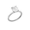 A three-quarter view of the Elongated cushion cut diamond engagement ring in 14k white gold with a prong diamond band and cathedral setting