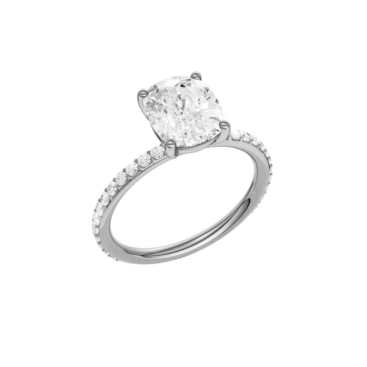 A three-quarter view of the Elongated cushion cut diamond engagement ring in platinum with a prong diamond band and cathedral setting